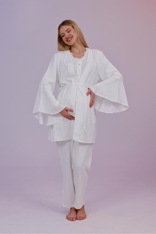 Kadın Jakarlı Volan Kollu Pamuklu Lohusa Hamile Sabahlıklı 3'Lü Pijama Takım Set