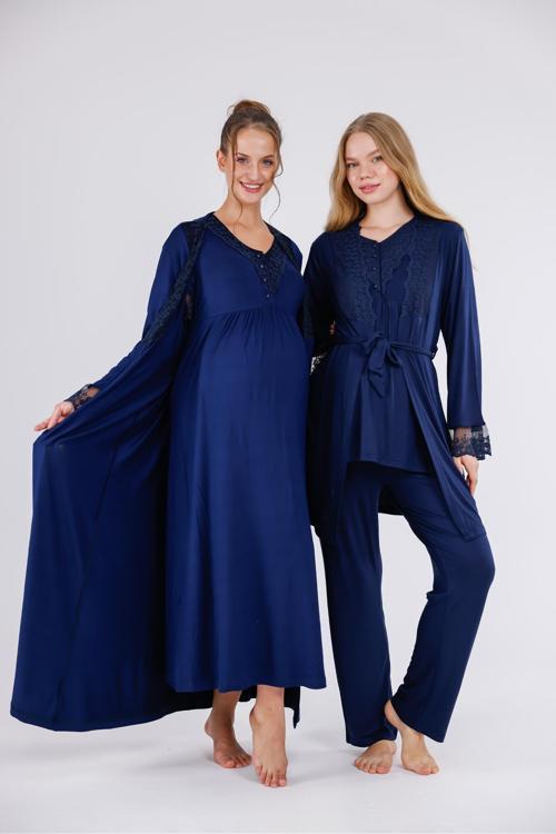 Kadın Lacivert Dantelli Bisiklet Yaka Lohusa Hamile Gecelik Sabahlık Pijama 5'Li Set