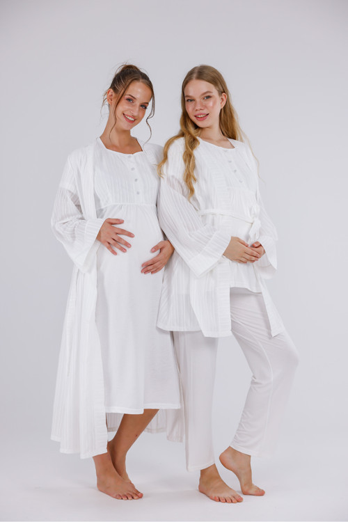 Kadın Ekru Çizgili Keten Lohusa Hamile Gecelik Sabahlık Pijama Takım 5'Li Set
