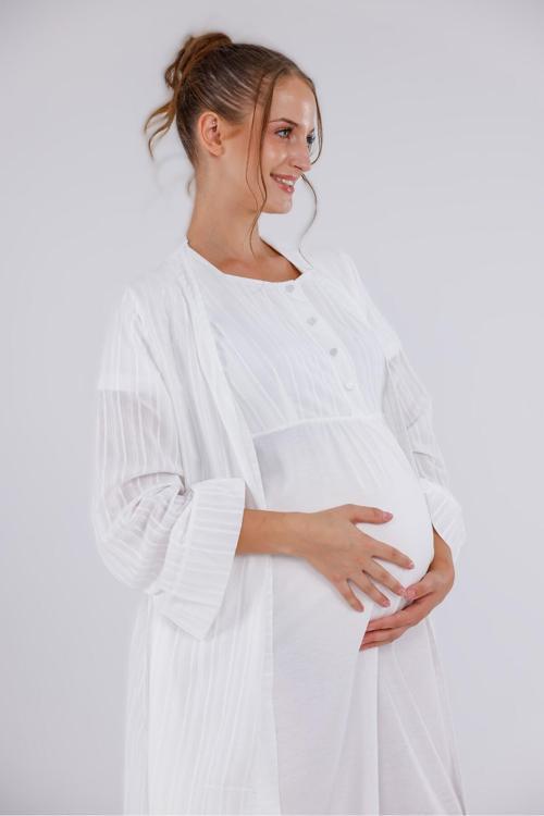 Kadın Ekru Çizgili Keten Lohusa Hamile Gecelik Sabahlık Takım