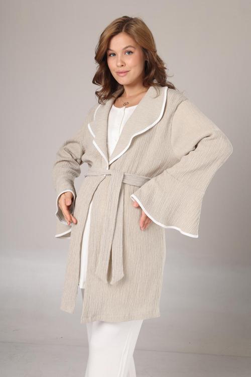 Kadın Bej Jakarlı Şal Yaka Dantelli Kışlık Özel Tasarım3'Lü Lohusa Hamile Sabahlık Pijama Takımı