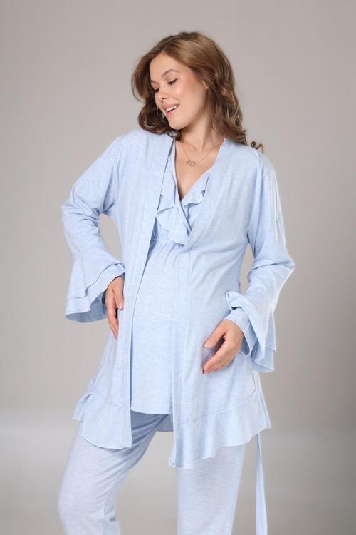 İ Kadın Mavi Kruvaze Pamuklu Uzun Kol Lohusa Hamile 3'Lü Pijama Takım Set