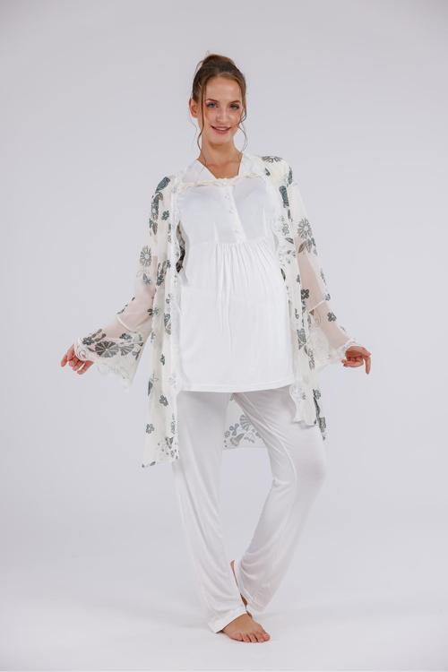 Kadın Ekru Çiçek Desenli Tasarım Pamuklu Tam Boy Lohusa Hamile Pijama 3'Lü Set