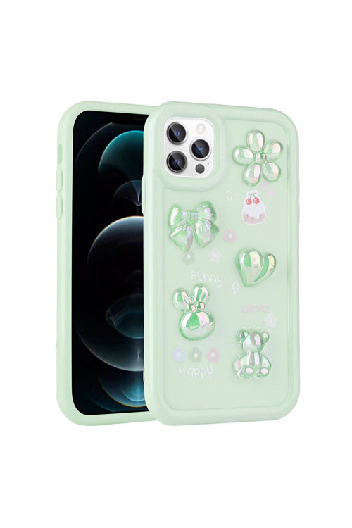 İphone 11 Pro Uyumlu Kabartma Figürlü Parlak Toys Silikon Kılıf-Açık Yeşil