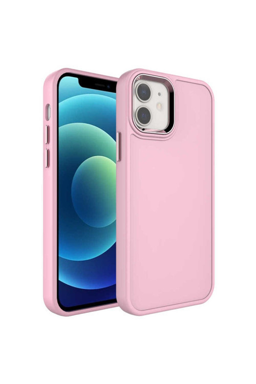 İphone 12 Uyumlu Metal Çerçeve Ve Buton Tasarımlı Sert Mkc Botox Kılıf-Pembe Açık