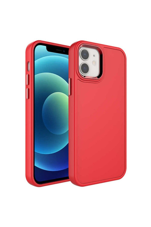İphone 12 Uyumlu Metal Çerçeve Ve Buton Tasarımlı Sert Mkc Botox Kılıf-Kırmızı