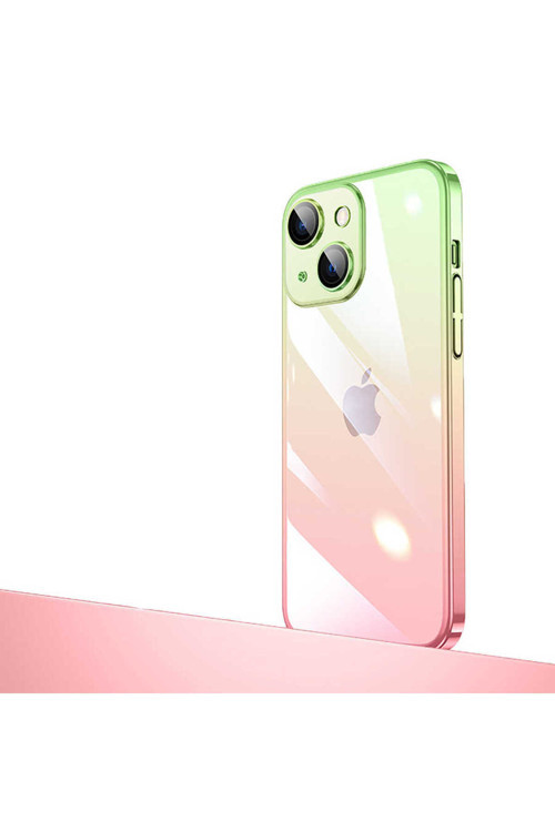 İphone 13 Uyumlu Parlak Renk Geçişli Kamera Korumalı Csk Senkron Kılıf-Pembe-Yeşil