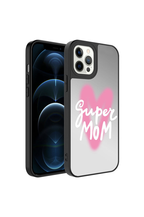 İphone 12 Pro Max Uyumlu Aynalı Desenli Kamera Korumalı Parlak Mirror Kılıf-Süper Anne