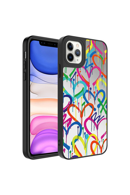 İphone 11 Pro Uyumlu Aynalı Desenli Kamera Korumalı Parlak Mirror Kılıf-Kalp