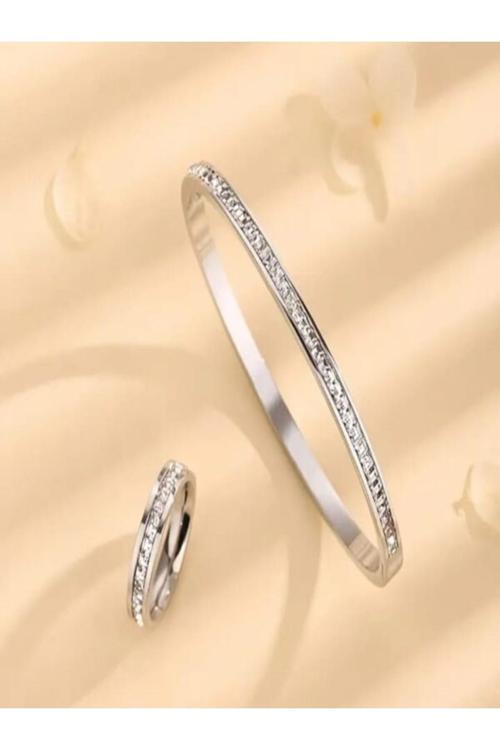 Paslanmaz Çelik Zirkon Taşlı Su Yolu Kelepçe Bilezik Ve Yüzük Seti