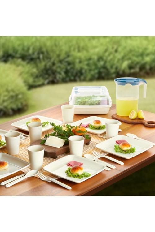 Piknik Seti 32 Parça 6 Kişilik Bardak Çatal Kaşık Tabak Ve Piknik Çantası Set Krem