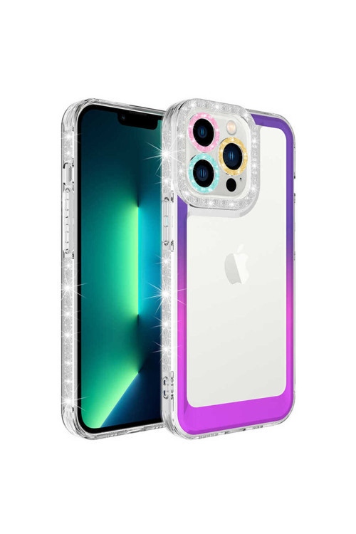 İphone 12 Pro Max Uyumlu Simli Ve Renk Geçiş Tasarımlı Korumalı Park Kılıf-Mor-Pembe