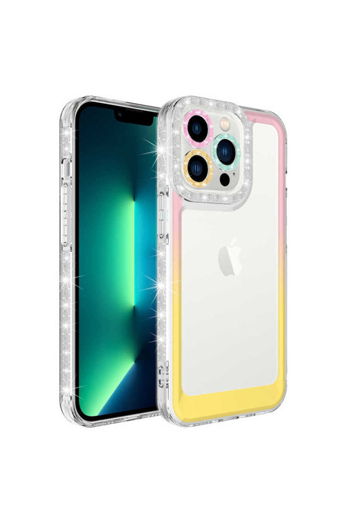 İphone 12 Pro Max Uyumlu Simli Ve Renk Geçiş Tasarımlı Lens Korumalı Park Kılıf-Pembe-Sar