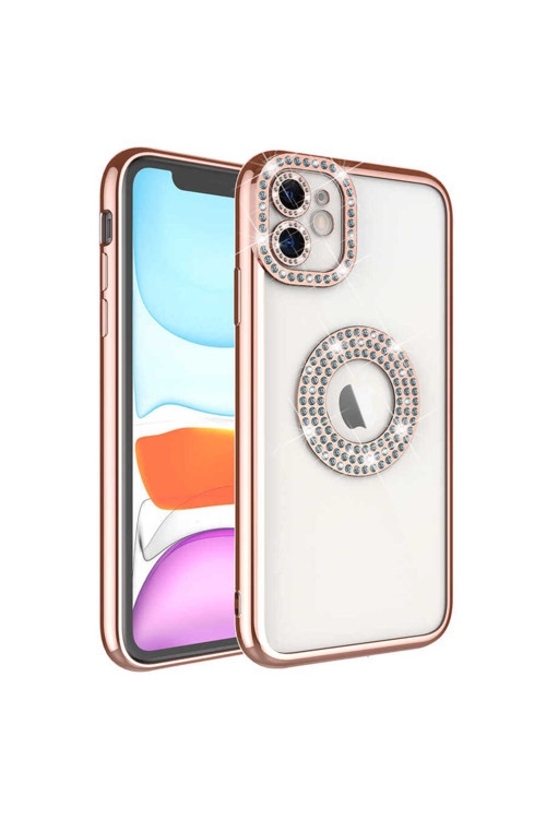 İphone 12 Kılıf Kamera Korumalı Taş Süslemeli Arkası Şeffaf Gllp Asya Kapak - Rose Gold