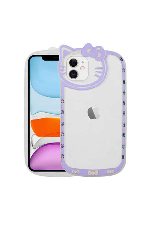 Apple Iphone 11 Kılıf Kedi Figürlü Transparan Sert Silikon Kity Kapak - Lila