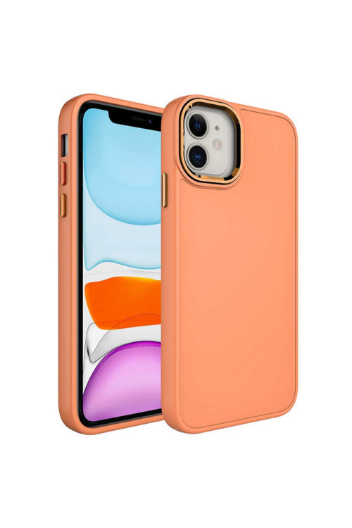Apple Iphone 11 Kılıf Metal Çerçeve Ve Buton Tasarımlı Silikon Luna Kapak Renk Açık Turuncu