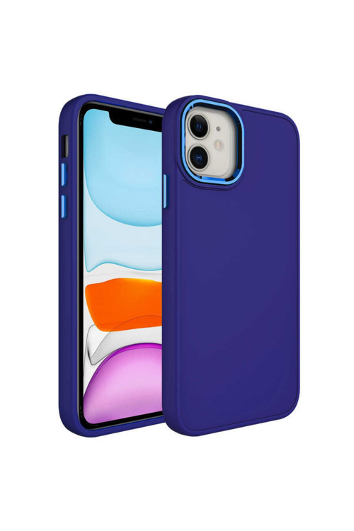 Apple Iphone 11 Kılıf Metal Çerçeve Ve Buton Tasarımlı Silikon Luna Kapak Renk Saks Mavi