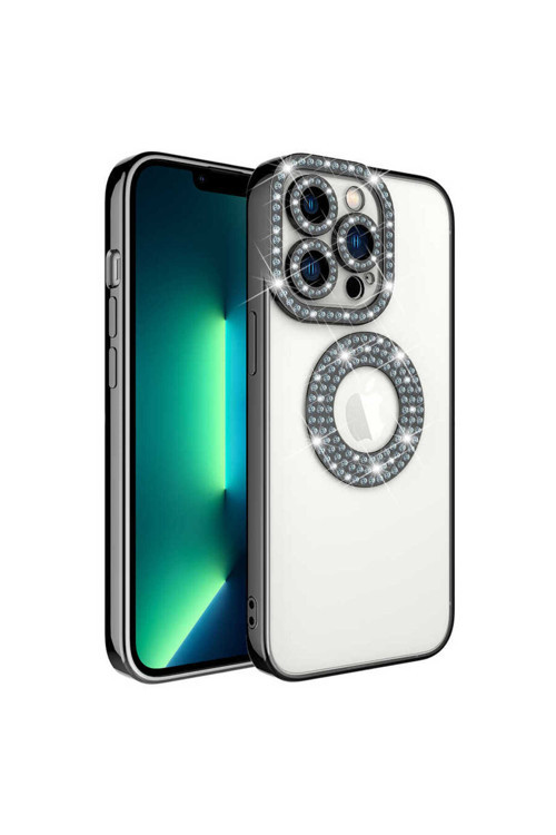 İphone 13 Pro Kılıf Kamera Korumalı Taş Süslemeli Arkası Şeffaf Asya Kapak - Siyah