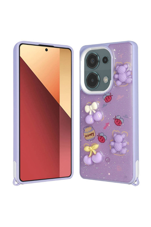 Xiaomi Poco M6 Pro 4G Uyumlu Odc Kılıf Parlayan Simli Kabartma Figürlü Cevze Kapak-Mor Ayı