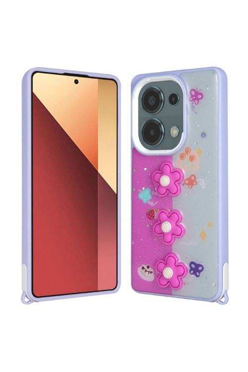 Xiaomi Poco M6 Pro 4G Uyumlu Odc Kılıf Parlayan Simli Kabartma Figürlü Cevze Kapak-Mor Papatya
