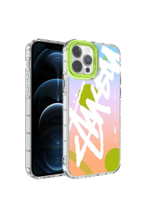 İphone 12 Pro Uyumlu Kamera Korumalı Renkli Desenli Sert Silikon Korn Kılıf-No2