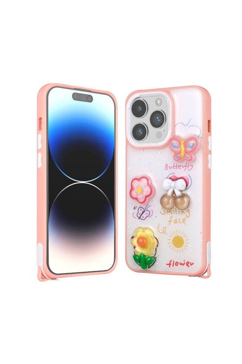 İphone 14 Pro Kılıf Parlayan Sıvılı Simli Kabartma Figürlü Cevze Kapak-Pembe