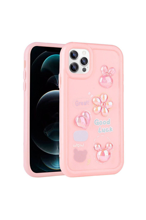 İphone 12 Pro Uyumlu Kabartma Figürlü Parlak Mkc Toys Silikon Kılıf-Pembe