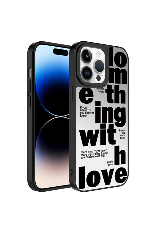 İphone 14 Pro Max Uyumlu Aynalı Desenli Kamera Korumalı Parlak Mirror Kılıf-Love