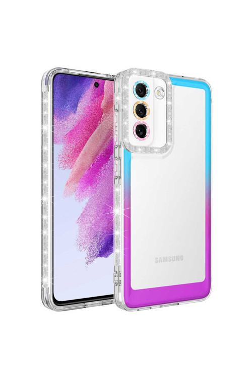 Galaxy S21 Fe Simli Ve Renk Geçiş Tasarımlı Lzore Korumalı Park Kılıf-Mavi-Mor