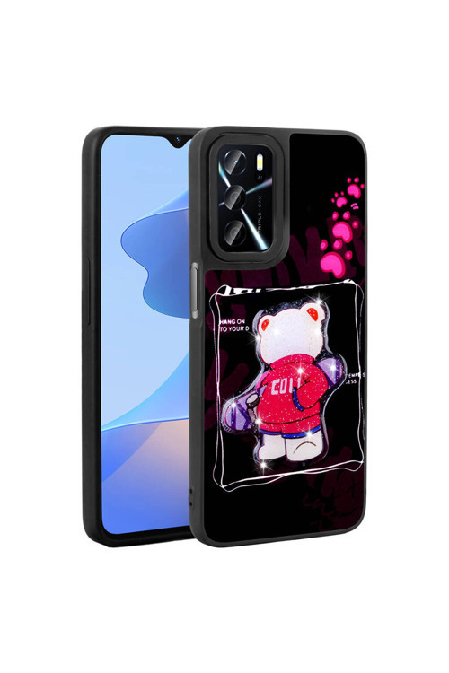 Oppo A55 4G Kılıf Parlayan Kabartmalı İkonik Figürlü Amas Silikon Kapak-Siyah