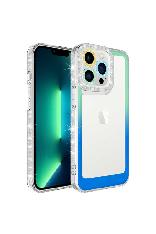 İphone 13 Pro Uyumlu Simli Ve Renk Geçiş Tasarımlı Lzore Korumalı Park Kılıf-Yeşil-Mavi