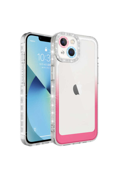 İphone 14 Plus Uyumlu Simli Ve Renk Geçiş Tasarımlı Korumalı Park Kılıf-Beyaz-Pembe