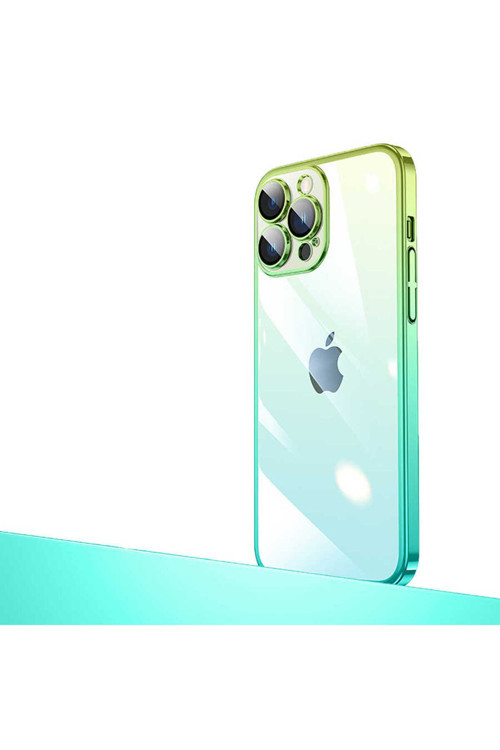 İphone 13 Pro Uyumlu Parlak Renk Geçişli Kamera Korumalı Senkron Kılıf-Yeşil-Mavi