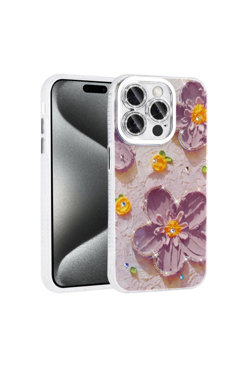 İphone 14 Pro Max Kılıf Çiçek Desenli Parlak Taşlı Sert Silikon Garden Kapak - Mor