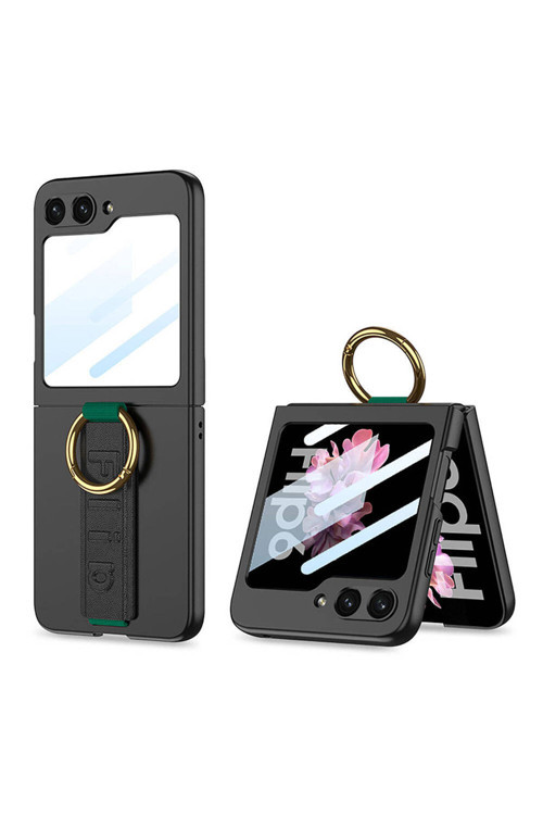 Tecnogelişen Galaxy Z Flip 6 Kılıf Kamera Korumalı Yüzüklü Flip Ring Kıpta Kapak-Siyah