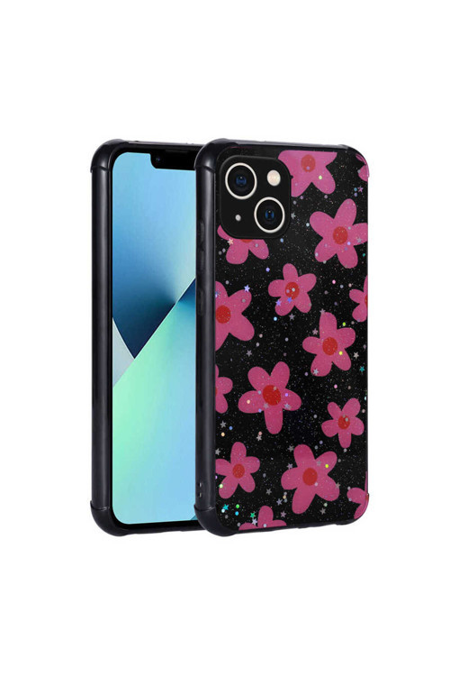 İphone 13 Uyumlu Simli Desenli Kamera Korumalı Parlak Popy Kılıf-Çiçek