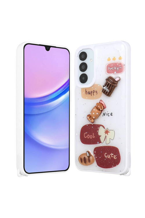 Galaxy A24 Kılıf Parlayan Simli Kabartma Figürlü Tknr Cevze Kapak - Beyaz