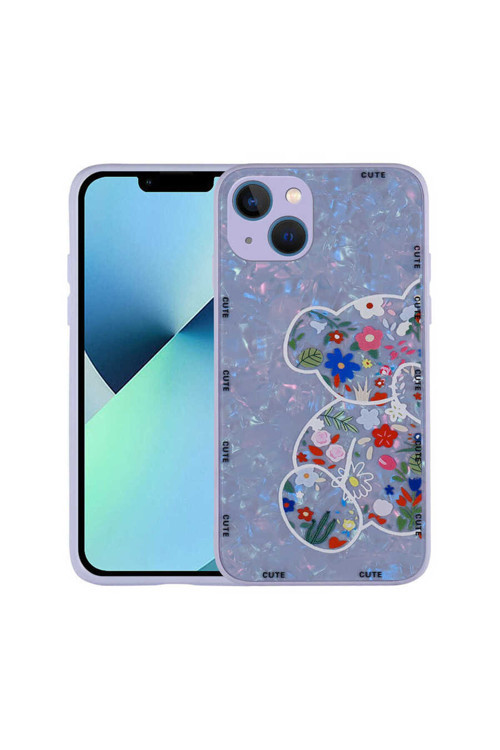 İphone 13 Uyumlu Desenli Sert Silikon Mumila Kılıf-Lilac Bear
