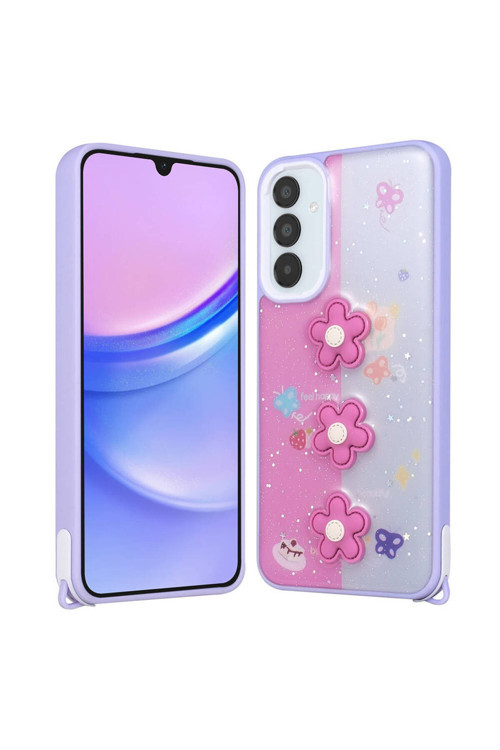 Wowcase Galaxy A25 Kılıf Parlayan Sıvılı Simli Kabartma Figürlü Cevze Kapak-Mor Papatya
