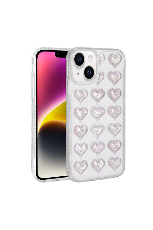 İphone 14 Kılıf Kamera Korumalı Renkli Kalp Desenli Transparan Kalp Kapak-Pembe