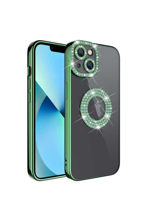 İphone 13 Kılıf Kamera Korumalı Taş Süslemeli Arkası Şeffaf Asya Kapak-Yeşil