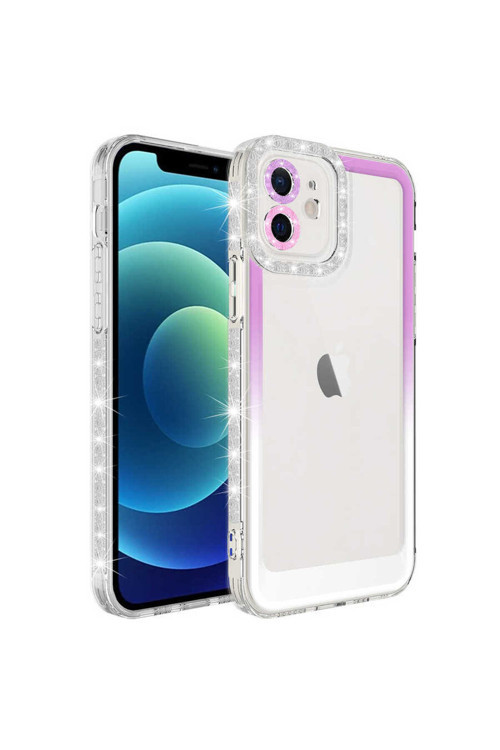 Kilifdakilif İphone 12 Uyumlu Simli Ve Renk Geçiş Tasarımlı Lzore Korumalı Park Kılıf-Mor-Beyaz