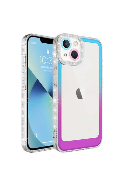 İphone 14 Plus Uyumlu Simli Ve Renk Geçiş Tasarımlı Lzore Korumalı Park Kılıf-Mavi-Mor