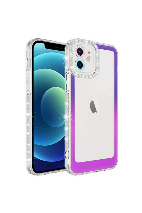 İphone 12 Uyumlu Simli Ve Renk Geçiş Tasarımlı Lzore Korumalı Park Kılıf-Mor-Pembe