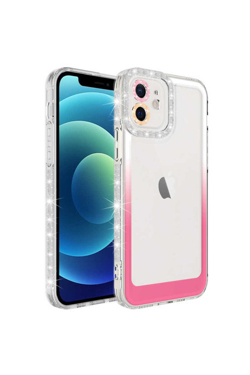 İphone 12 Uyumlu Simli Ve Renk Geçiş Tasarımlı Lzore Korumalı Park Kılıf-Beyaz-Pembe