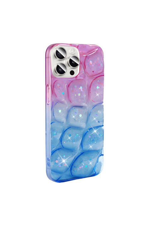 İphone 15 Pro Max Kılıf Simli 3D Desenli Hacar Kapak - Pembe-Mavi