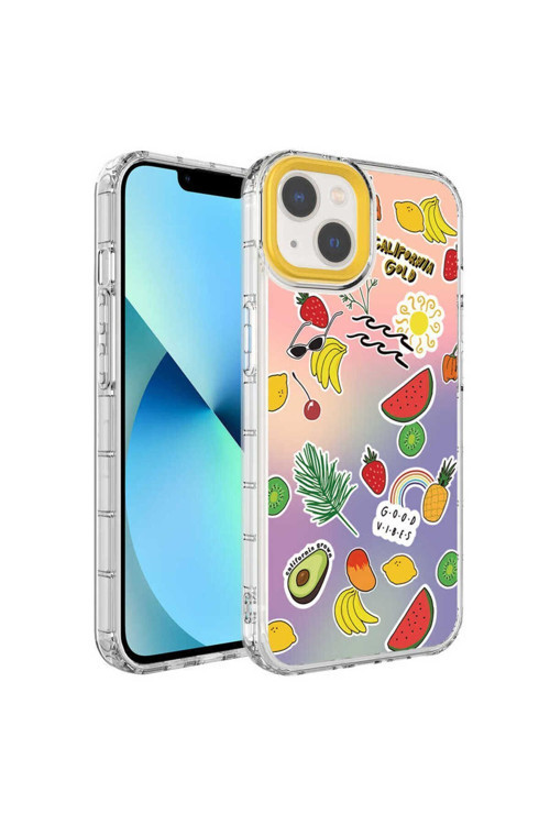 İphone 14 Uyumlu Kamera Korumalı Renkli Desenli Sert Silikon Korn Kılıf-No4
