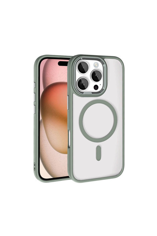 Apple İphone 16 Pro Max Kılıf Wireless Şarj Özellikli Krom Magsafe Silikon Kapak-Titanyum-Gri