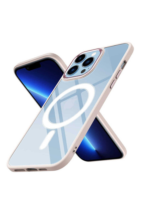 İphone 13 Pro Uyumlu Wireless Şarj Özellikli Mkc Krom Magsafe Silikon Kılıf-Pembe Açık