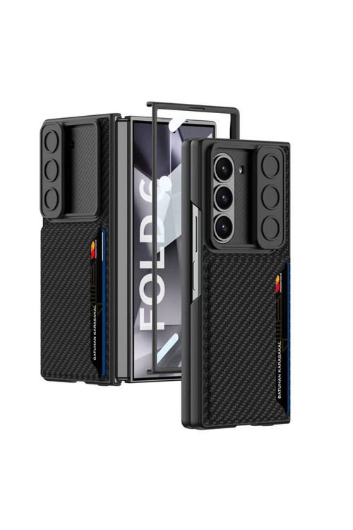Tecnogelişen Galaxy Z Fold 6 Kılıf Kamera Korumalı Karbon Fiber Arka Yüzey Kartlıklı Kıpta Sert Kapak-Siyah
